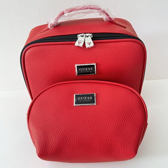 NEW GUESS Red Pebbled Faux Leather Travel Case & Makeup Bag Set - Picture 2 of 16